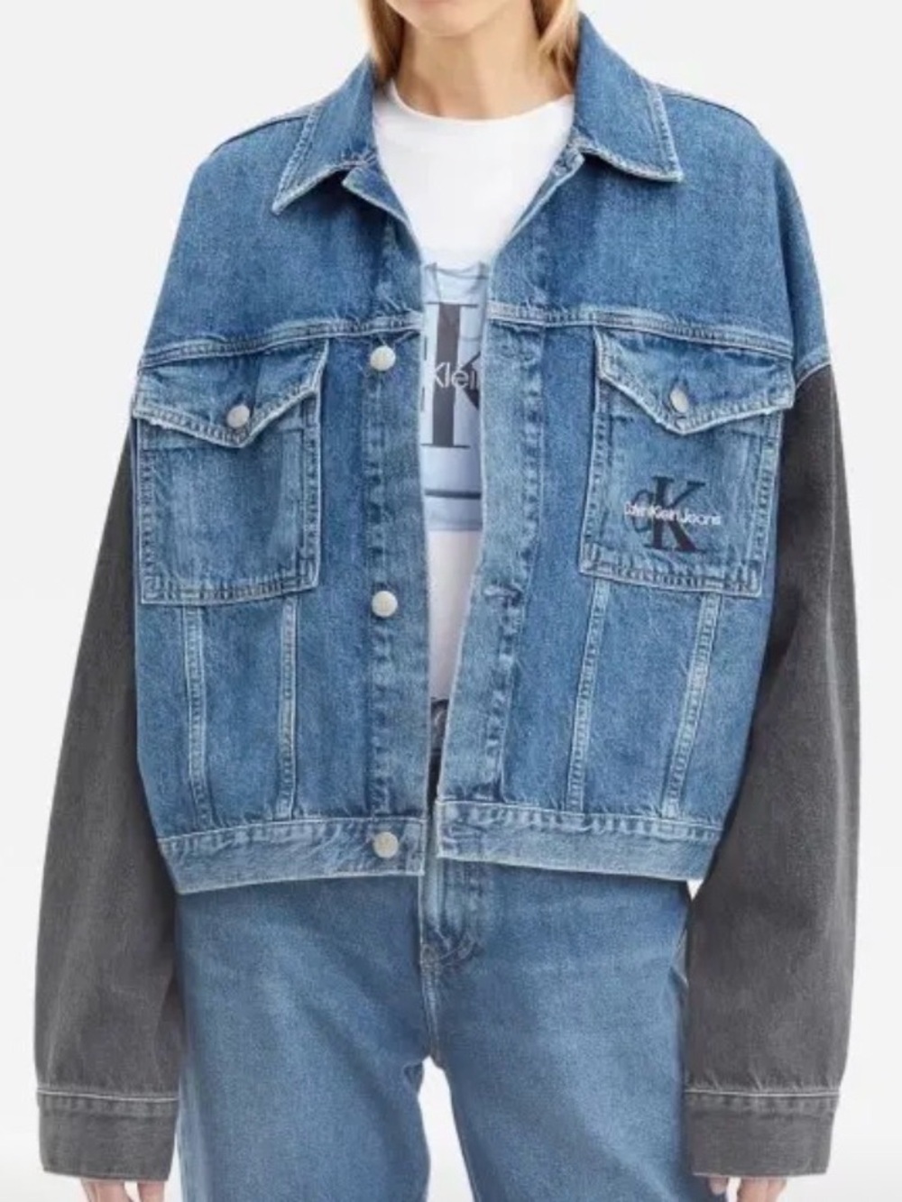 Calvin Klein Two-Tone Denim Jacket in Blue and Charcoal Sleeves
